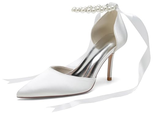 Hanfike Perlen Abend Schuhe fur Damen Perlen Spitz Braut Hochzeits Pumps mit Schleif JY158 Weiß EU 37 von Hanfike