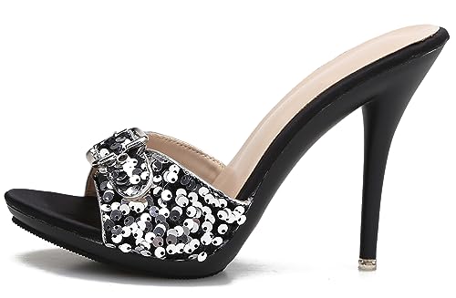 Hanfike Slip On Heeled Sandal Mules for Women Casual Comfortable Summer Slide Shoes Schwarz/Silber Pailletten EU 39 von Hanfike
