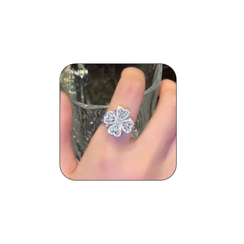 Hanfluenve Bling Fidget Ringe für Angstlinderung Stress Kristall Spinner Ring für Frauen Mädchen Blume Angst Ring Glück Vierblättriges Kleeblatt Ring Schöne verstellbare Ringe, Kupfer, Kristall von Hanfluenve