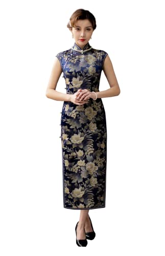 HangErFeng Seidenbrokat Cheongsam Traditionelles Chinesisches Blumenkleid Schlank Blaues Abend Qipao Langes Kleid 3476 S von HangErFeng