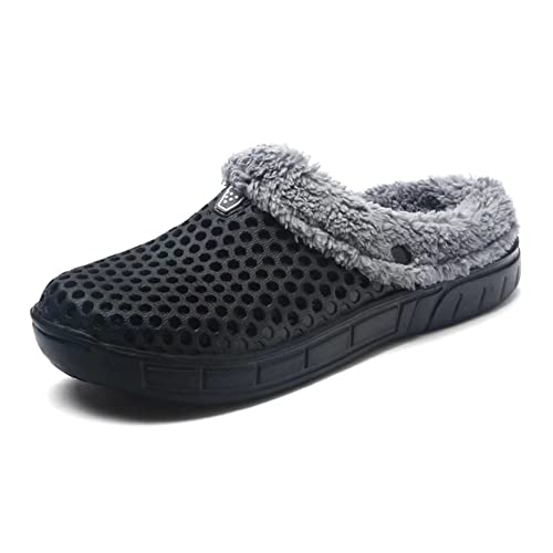 HangFan Männer Frauen Mules Clogs Slip Auf Garten Schuhe Pelz Gefüttert Folien Flip-Flops Warme Winter Slipper Schwarzes Fell-38 von HangFan