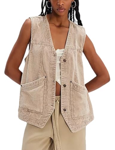 HangNiFang Lässige Cordweste für Damen, Knopfleiste, vielseitig, ärmellos, Oberbekleidung mit Taschen, Khaki, L HangNiFang Lässige Cordweste für Damen, Knopfleiste, vielseitig, ärmellos, Oberbekleidung mit Taschen, Khaki, L von HangNiFang