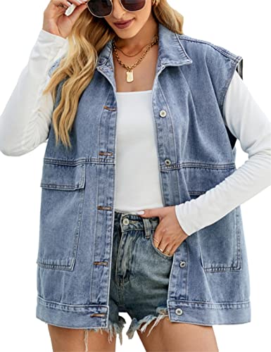 HangNiFang Übergroße Jeansjacke für Damen Boyfriend Mid Long Jean Jacke mit großen Taschen, 02 Blue, S HangNiFang Übergroße Jeansjacke für Damen Boyfriend Mid Long Jean Jacke mit großen Taschen, 02 Blue, S von HangNiFang