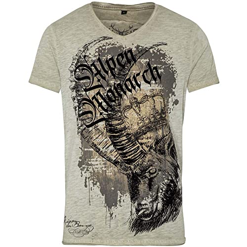 Hangowear Trachten T-Shirt Herren Wallace Greige | Trachtenshirt Alpen-Monarch beige-grau | Print Steinbock Krone (L, Greige) von Hangowear