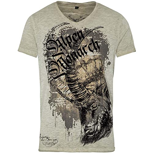 Hangowear Trachten T-Shirt Herren Wallace Greige | Trachtenshirt Alpen-Monarch beige-grau | Print Steinbock Krone (XL, Greige) von Hangowear