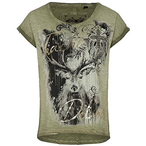 Hangowear Trachten T-Shirt YOLA Oliv | Trachtenshirt Hirsch Print | Damen Gr 3XL von Hangowear