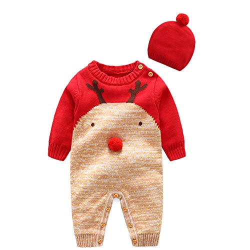 Baby Weihnachtspullover Strampler Stricken Rentier Overall Outfits mit Warmer Mütze Set Gr. 68, braun von Hanguin