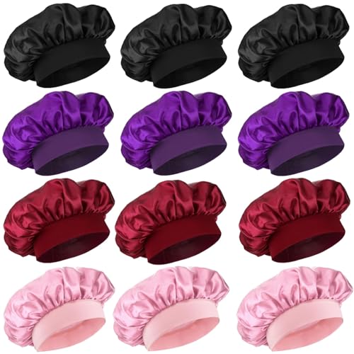 Hanjing 12 Stück Seidenhaube für Frauen lockiges Haar Satin Bonnet Haarwickel für Schlafmütze mit Bindeband (Mehrfarbig4) von Hanjing