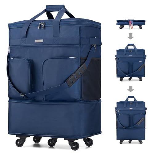 Hanke Ausziehbarer Koffer mit Rollen Leichter Reisetrolley Großes Fassungsvermögen Expandable & Kollapsierbar Reisetasche für Damen Herren 360° Spinner Räder (Blau-Upgrade) von Hanke