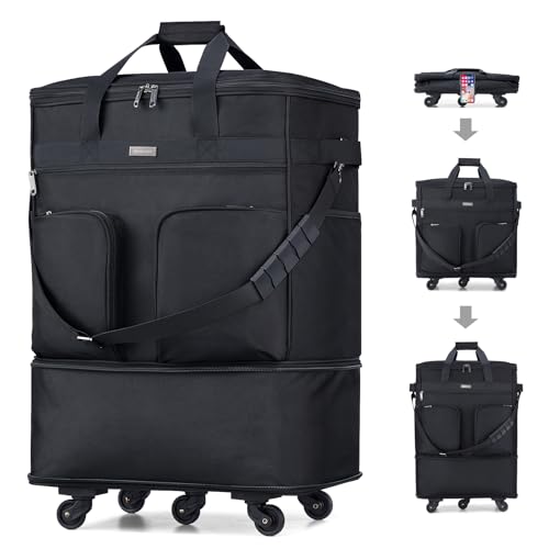 Hanke Erweiterbar Faltbarer Koffer Gepäck Rollen Reisetasche Duffel Bag für Männer Frauen Leichter Koffer Große Kapazität Gepäck mit Universalrad, schwarz, 17.72 * 10.24 * 31.49 von Hanke