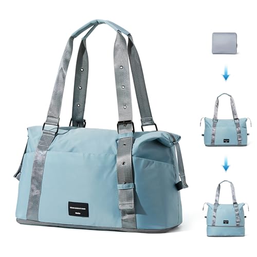 Hanke Erweiterbare Tragetasche Faltbare Duffle Bag für Reisen Handgepäck Wochenende Tasche für Frauen mit Gepäckgurt Turnbeutel, Himmelblau (verstellbare Schultergurte), 17 Inch, Exapandable Seesack von Hanke