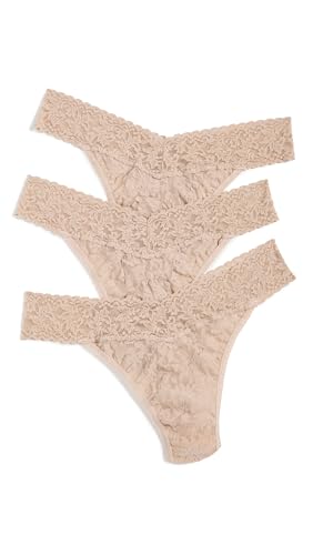 hanky panky Original Rise Thong - Tanga, Unterwäschen Damen Baumwolle Normalschnitt, Lingerie Slip Damen aus Stretch-Spitze Signature Lace, Color Chai - One Size [3er-Pack] von hanky panky