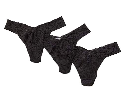 hanky panky Original Rise Thong - Tanga, Unterwäschen Damen Baumwolle Normalschnitt, Lingerie Slip Damen aus Stretch-Spitze Signature Lace, Color Granite - One Size [3er-Pack] von hanky panky