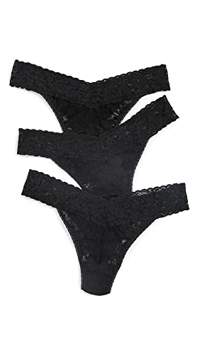 hanky panky Original Rise Thong - Tanga, Unterwäschen Damen Baumwolle Normalschnitt, Lingerie Slip Damen aus Stretch-Spitze Signature Lace, Color Schwarz - One Size [3er-Pack] von hanky panky