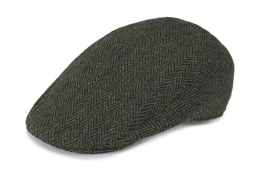 Hanna Hats Traditionelle Tweed-Wolle Donegal Touring Cap Unisex Efeu Mütze Genähter Schirm und Taftfutter 100% Made in Ireland, Grünes Fischgrätmuster, X-Large von Hanna Hats