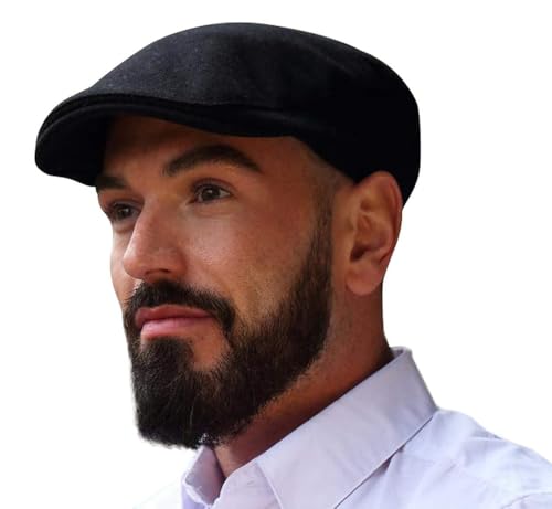 Hanna Hats Traditionelle Tweed-Wolle Donegal Touring Cap Unisex Efeu Mütze Genähter Schirm und Taftfutter 100% Made in Ireland (US, Alpha, Large, Black Wool), Schwarze Wolle, large von Hanna Hats