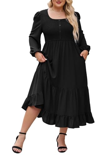 A-Linien-Kleid in Übergröße, Herbst-Langarm-Midikleid mit quadratischem Ausschnitt, Elegantes Stufenkleid mit Brustfalten von Hanna Nikole