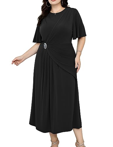 Cocktailkleid Damen Große Größen Elegante Rüschenärmel Cocktail Kleider Damen Taille Strasssteine Falten Lang A-Linie Hochzeitsgast Dress Schwarz 52 (US 24W) von Hanna Nikole