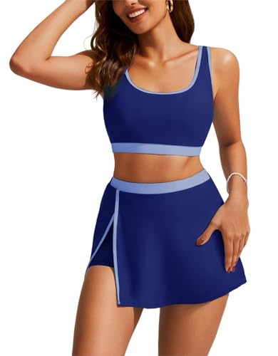 Colour-Blocking Damen Zweiteiliger Badeanzug Verstellbarer Schultergurt U Ausschnitt Push Up Badeanzug Bikini Oberteil und Rock mit Seitlichen Schlitzen M von Hanna Nikole
