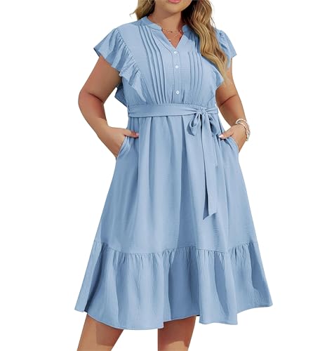 Damen-Midikleid mit V-Ausschnitt und Knopfleiste Übergröße Rüschenärmel lässiges Kleid für Damen einfarbig süßes A-Linien-Kleid mit Belt Hellblau 54 von Hanna Nikole