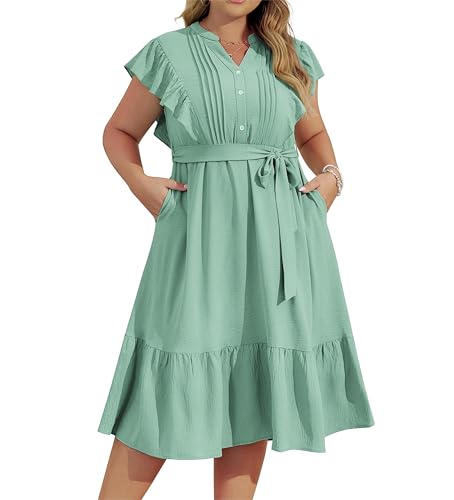 Damen-Midikleid mit V-Ausschnitt und Knopfleiste Übergröße Rüschenärmel lässiges Kleid für Damen einfarbig süßes A-Linien-Kleid mit Belt Hellgraugrün 46 von Hanna Nikole