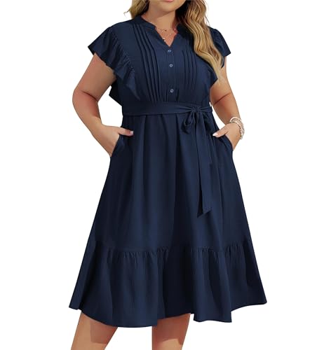 Damen-Midikleid mit V-Ausschnitt und Knopfleiste Übergröße Rüschenärmel lässiges Kleid für Damen einfarbig süßes A-Linien-Kleid mit Belt Marine 52 von Hanna Nikole