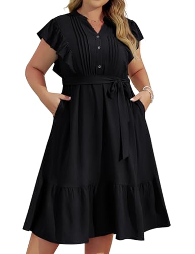 Damen-Midikleid mit V-Ausschnitt und Knopfleiste Übergröße Rüschenärmel lässiges Kleid für Damen einfarbig süßes A-Linien-Kleid mit Belt Schwarz 46 von Hanna Nikole
