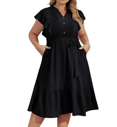 Damen-Midikleid mit V-Ausschnitt und Knopfleiste Übergröße Rüschenärmel lässiges Kleid für Damen einfarbig süßes A-Linien-Kleid mit Belt Schwarz 50 von Hanna Nikole