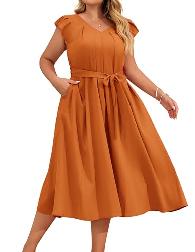Hanna Nikole Große Größen Damen Casual Smocked Kleid Langarm V-Ausschnitt High Waist Tiered Maxikleid Orange 50 Hanna Nikole Große Größen Damen Casual Smocked Kleid Langarm V-Ausschnitt High Waist Tiered Maxikleid Orange 50 von Hanna Nikole
