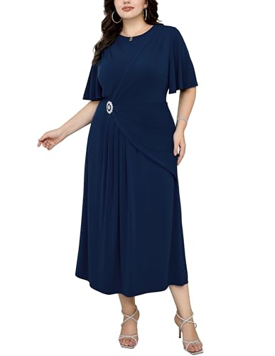 Elegante Festliches Kleider Damen Große Größen Rüschenärmel Cocktail Kleider A-Linie Hochzeitsgast Dress Dunkel Blau 56 (US 24W) von Hanna Nikole