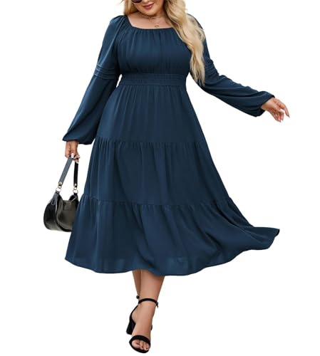 Elegantes Damenkleid in Übergröße langärmliges A-Linien-Kleid mit eckigem Ausschnitt und legerem Stufenkleid von Hanna Nikole