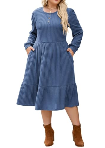 Graublau Große Größe Einfarbige A-Linien-Kleid Strickkleid Pulloverkleid Laternenärmel Dekorative Knöpfe Herbstkleid von Hanna Nikole