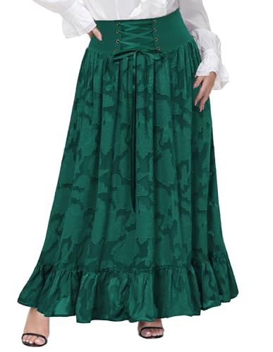 Hanna Nikola Damen Große Größen Gothic Steampunk Spitze Maxirock Einfarbig Ruffles Hem Maxi Skirt mit Kordelzug Dunkelgrün 52 von Hanna Nikole