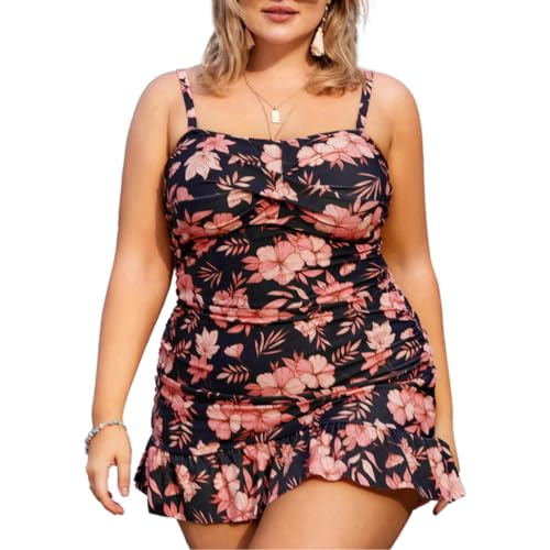 Hanna Nikole 2 StÜck Rüschen Swimwear Damen Grosse GrÖssen Drawstring Side Zweiteilig BadeanzÜge Mit Badeshorts Schwarz & Rosa Blume 54 von Hanna Nikole