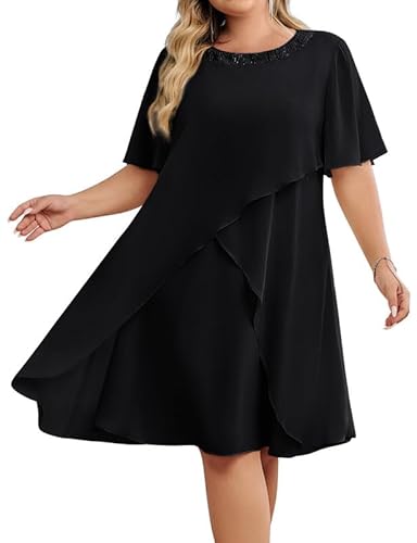 Hanna Nikole Abendkleider Damen GroßE GrößE Hochzeitsgäste Kleider Mit Pailletten Rundhalsausschnitt Elegant Chiffon Cocktailkleid Festlich Midikleid FüR Die Brautmutter von Hanna Nikole