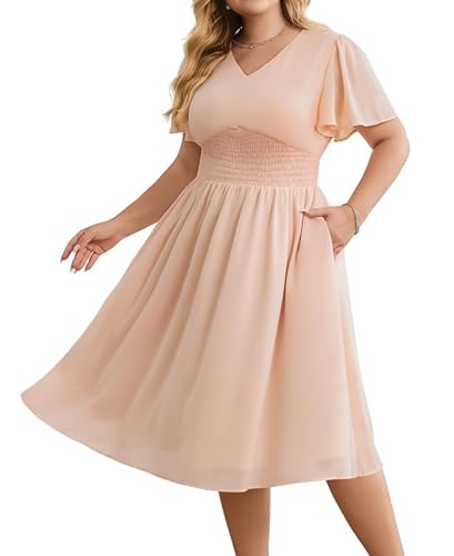 Hanna Nikole Abendkleider Elegant FüR HochzeitsgäSte GroßE GrößE Damen Chiffon-Kleider RüSchenäRmel Freizeitkleider Halbformelles Sommerkleid FließEndes Midikleid A-Linien-Kleid Mit Gesmokten Taillen von Hanna Nikole