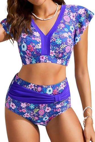 Hanna Nikole Badeanzug Sport Damen Bauchweg Bikini Damen Setflatternde äRmel Bademode Push Up Bikini-Oberteil Und High Waist Bikini Hose Weicher Schwimmanzug Blumen Strandmode Curvy Retro Bikini von Hanna Nikole
