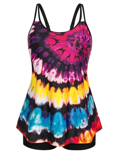 Hanna Nikole Bademode Zweiteiliger Weibchen Übergröße Tankini A-Linie Badeoberteile mit Badeshorts Bunte Wellen 56 von Hanna Nikole