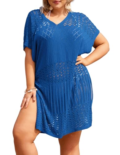 Hanna Nikole Bikini Cover Ups Damen Übergröße Strandkleid Elastische Beachwear V Ausschnitt Strandponcho Königsblau 52 von Hanna Nikole