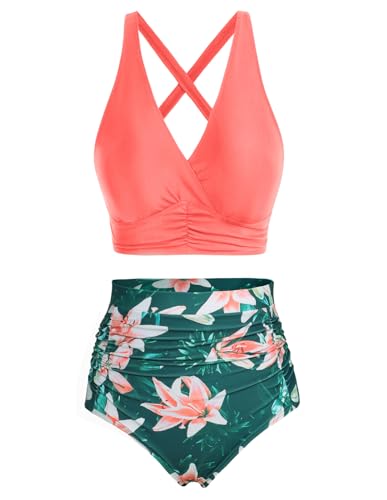 Hanna Nikole Bikini Damen Große Größen Bauchweg Bikini Sets Ruched Bikini Bottom Grüne Blumen & Roter Wassermelone S von Hanna Nikole