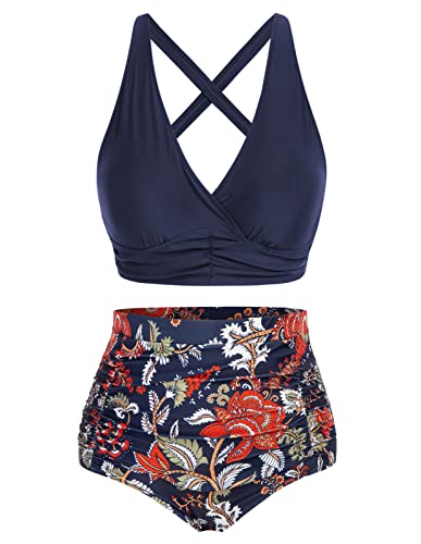 Hanna Nikole Bikini Damen Große Größen Push Up Bikini Sets Hoher Taille Badeanzüge Marineblau Blumen 42 von Hanna Nikole