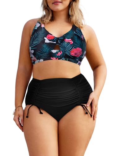 Hanna Nikole Bikini Sets Damen Große Größen Hoher Taille Einfarbige Strandkleidung Gelbe Blüten & Grüne Blätter 42 von Hanna Nikole