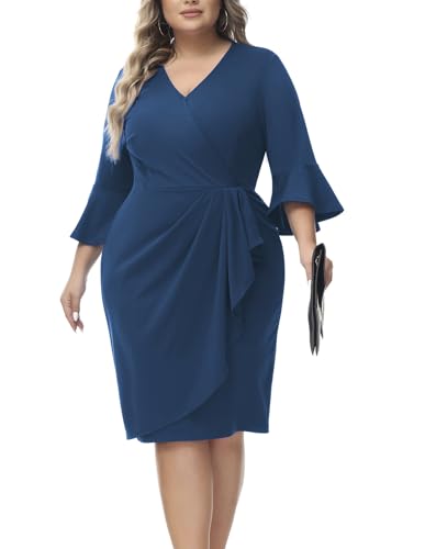 Hanna Nikole Business Kleid Damen Große Größen Elegant Rüschen 3/4 Trompetenärmel Cocktail Kleider Pfauenblau 52 von Hanna Nikole