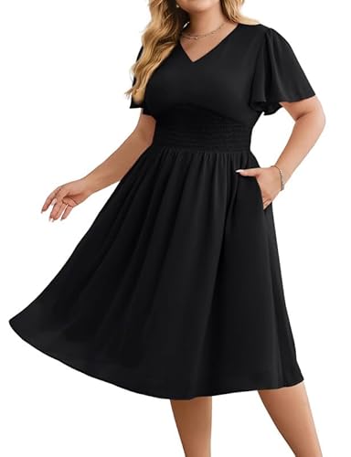 Hanna Nikole Cocktail Kleider FüR Damen GroßE GrößE Chiffon-Kleider RüSchenäRmel Freizeitkleider Halbformelles Sommerkleid FließEndes HochzeitsgäSte Midikleid A-Linien-Kleid Mit Gesmokten Taillen von Hanna Nikole