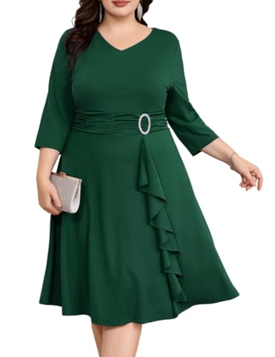 Hanna Nikole Cocktailkleid für Damen 3/4 Ärmel Retro A Linie Rüschenkleid Cocktailkleid Dunkelgrün 54 von Hanna Nikole