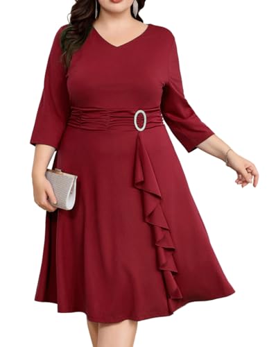 Hanna Nikole Cocktailkleid für Damen Retro A Linie Rüschenkleid Cocktailkleid Damen Knielang Weinrot 54 von Hanna Nikole