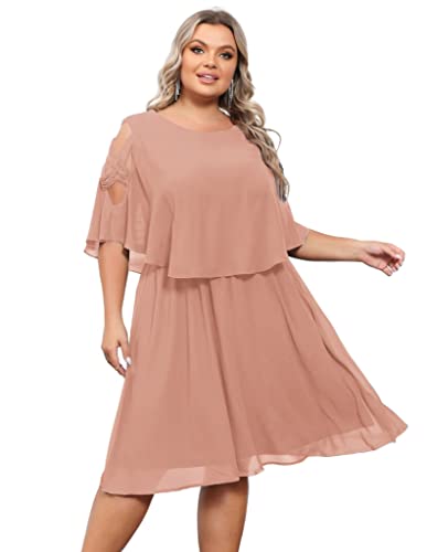 Hanna Nikole Cold Shoulder Kleid Damen Große Größen Chiffon Leicht Atmungsaktiv Elegant Crewneck Rosa 46 von Hanna Nikole