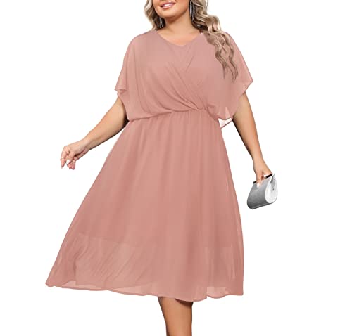 Hanna Nikole Damen A-Linie Chiffon Cape-Ärmel Cocktailkleid Knielang V-Ausschnitt Große Größe Kleider für Partykleid 52 Altrosa von Hanna Nikole