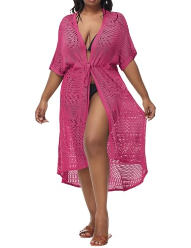 Hanna Nikole Damen Badeanzug Cover Up Badeanzug Kimono Langes Strandkleid Bikini Schwimmbekleidung 48, Dark Pink(Gestrickte) von Hanna Nikole