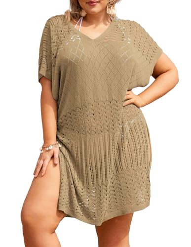 Hanna Nikole Damen Badeanzug Cover-Up Große Größe Kurzarm Strandkleid Lang Beachwear Braun 52 von Hanna Nikole